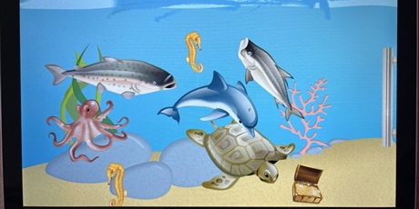 Powiększ grafikę: Rysunek wykonany na tablecie przedstawia zwierzęta morskie.