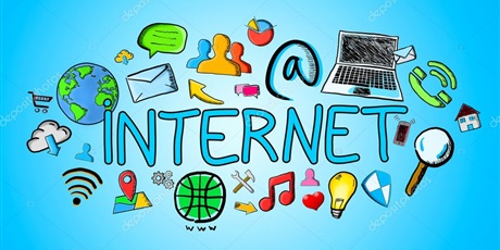 Powiększ grafikę: Na środku rysunku napis: Internet, wokół niego rysunki z nim związane.