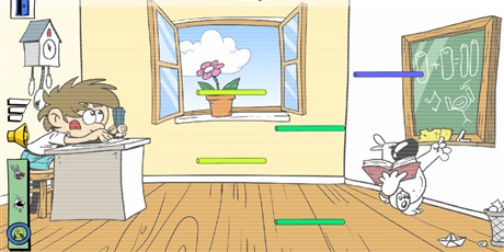 Powiększ grafikę: Rysunek z aplikacji Bum Bum Rurki, sala lekcyjna, przy tablicy piesek, w ławce siedzi chłopiec, na pierwszym planie kolorowe rurki