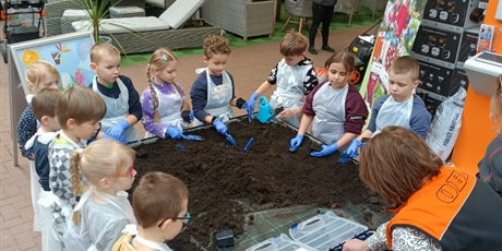 Powiększ grafikę: dzieci stoją wokół stołu z ziemią i sadzą roślinki