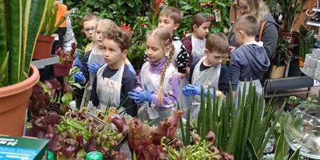 Powiększ grafikę: dzieci stoją wśród kwiatów i podziwiają różne rośliny